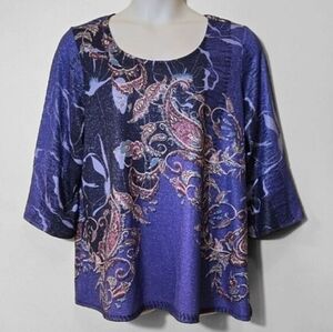 B.L.E.U Plus Size Top 2X Floral Shimmer‎ Artsy Artisan 3/4 Belled Sleeve